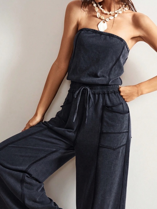 Rouge! Pants - Cotton Blend Strapless Black Boho Wide Leg Jumpsuit with Pockets